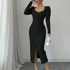 Istyle Can Black Square Neck Puff Sleeve Bodycon Dress Istyle Can