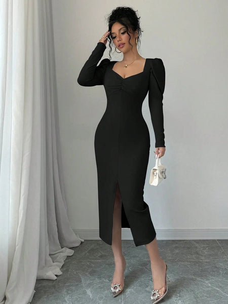 Istyle Can Black Square Neck Puff Sleeve Bodycon Dress Istyle Can