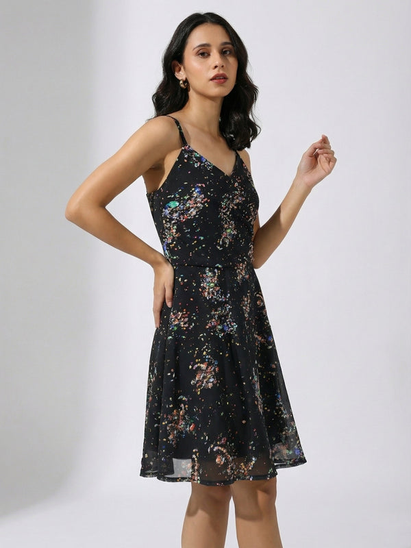 Women's Black Printed Georgette Sleeveless Fit and Flare Dress