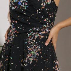 Women's Black Printed Georgette Sleeveless Fit and Flare Dress