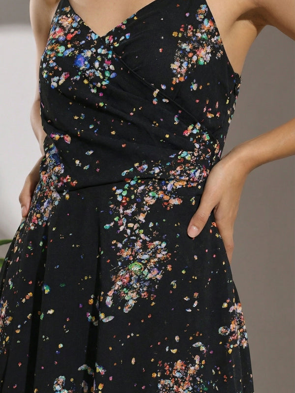 Women's Black Printed Georgette Sleeveless Fit and Flare Dress