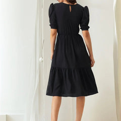 Istyle Can Black Solid Puff Sleeve Crepe Fit & Flare Midi Dress Istyle Can