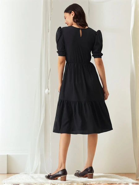 Istyle Can Black Solid Puff Sleeve Crepe Fit & Flare Midi Dress Istyle Can