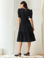 Istyle Can Black Solid Puff Sleeve Crepe Fit & Flare Midi Dress Istyle Can