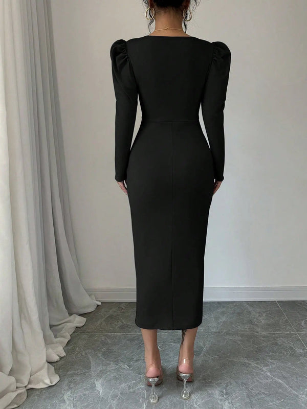 Istyle Can Black Square Neck Puff Sleeve Bodycon Dress Istyle Can
