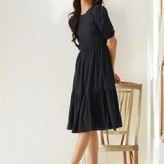 Istyle Can Black Solid Puff Sleeve Crepe Fit & Flare Midi Dress Istyle Can