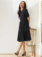 Istyle Can Black Solid Puff Sleeve Crepe Fit & Flare Midi Dress Istyle Can