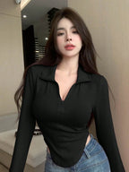 Istyle Can Black Women's Top Solid Long Sleeve Ribbed Asymmetric Hem Casual T-Shirt Istyle Can