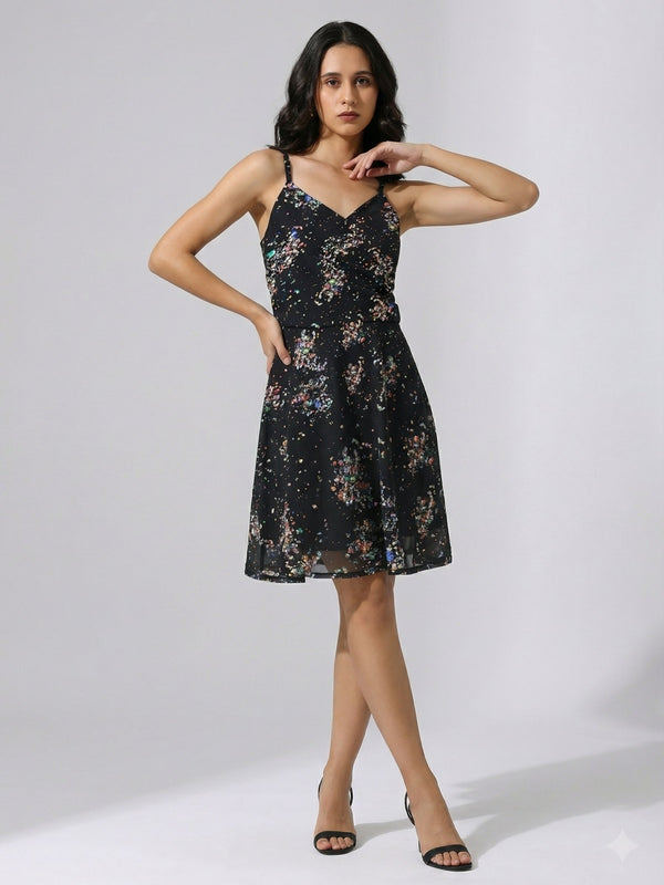 Women's Black Printed Georgette Sleeveless Fit and Flare Dress