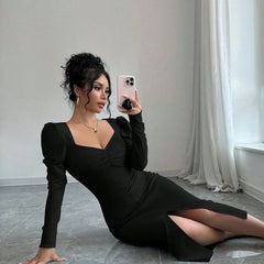 Istyle Can Black Square Neck Puff Sleeve Bodycon Dress Istyle Can