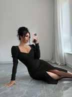 Istyle Can Black Square Neck Puff Sleeve Bodycon Dress Istyle Can