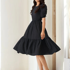 Istyle Can Black Solid Puff Sleeve Crepe Fit & Flare Midi Dress Istyle Can