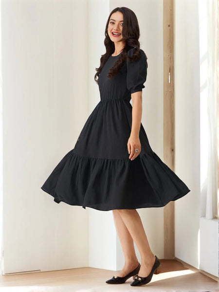 Istyle Can Black Solid Puff Sleeve Crepe Fit & Flare Midi Dress Istyle Can