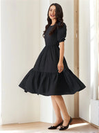 Istyle Can Black Solid Puff Sleeve Crepe Fit & Flare Midi Dress Istyle Can