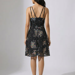 Black V Neck Printed Georgette Sleeveless Fit and Flare Dress
