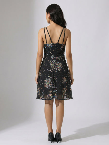 Black V Neck Printed Georgette Sleeveless Fit and Flare Dress