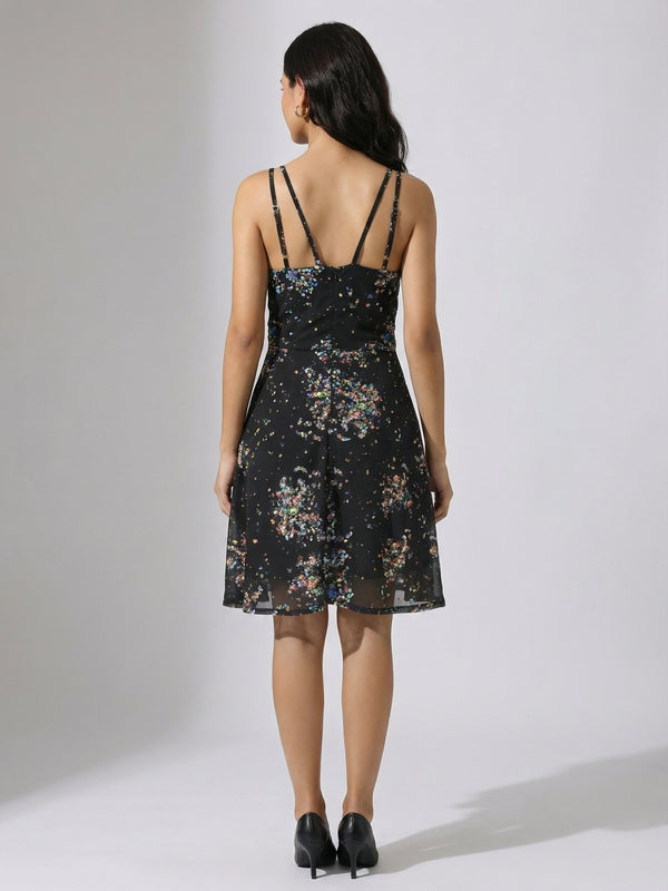 Black V Neck Printed Georgette Sleeveless Fit and Flare Dress