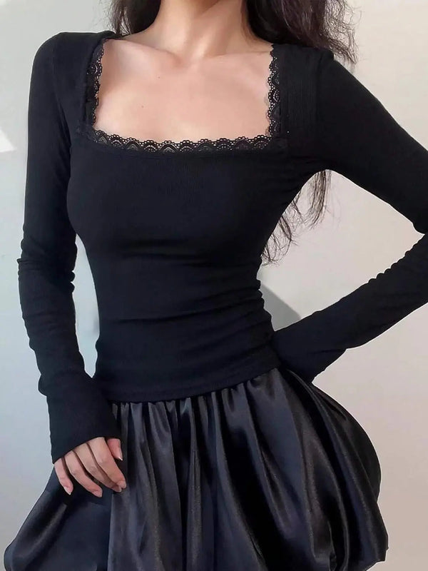 Istyle Can Black Women’s Ribbed Square Neck Puff Sleeve Top Istyle Can