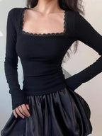 Istyle Can Black Women’s Ribbed Square Neck Puff Sleeve Top Istyle Can