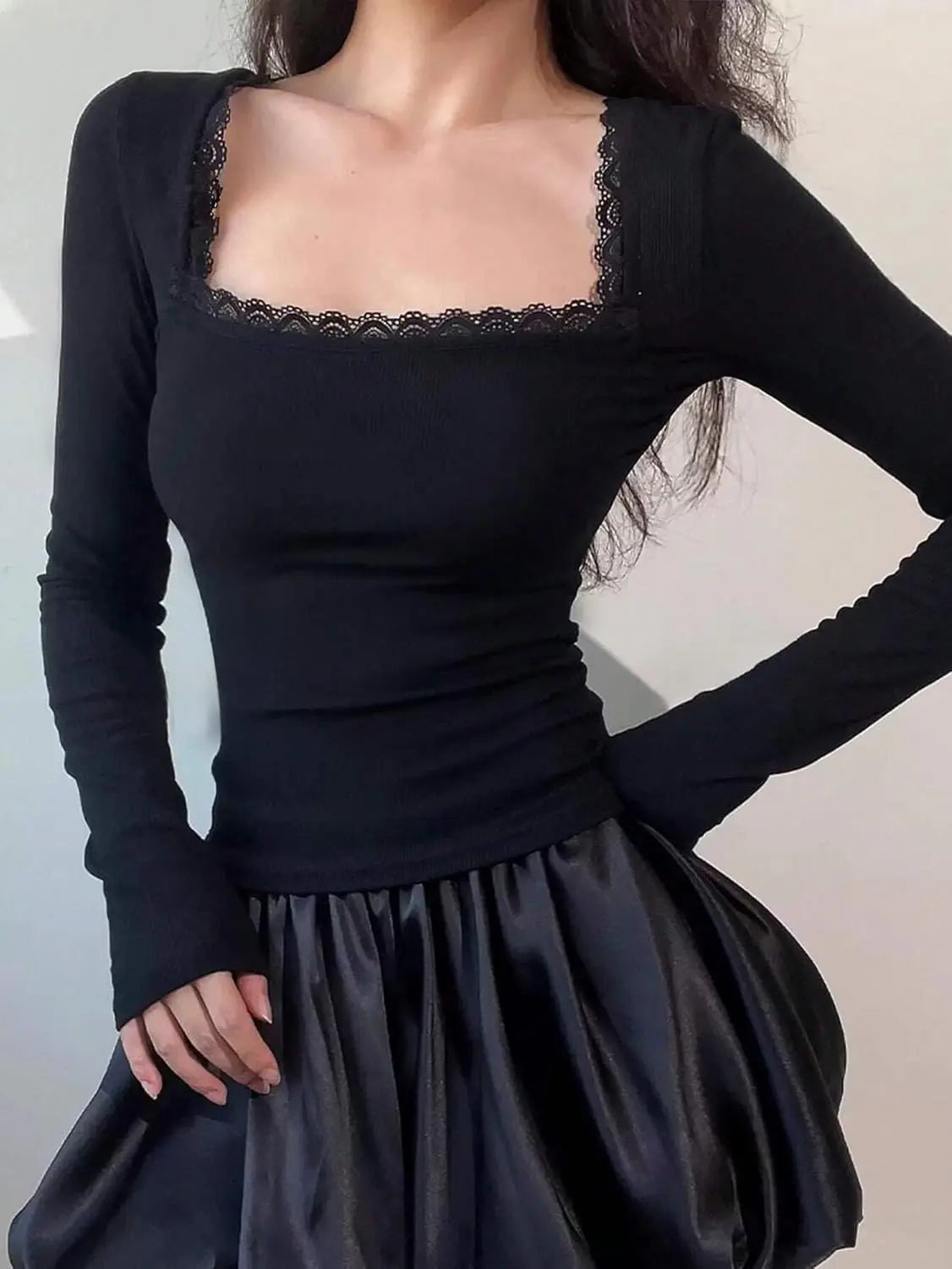 Istyle Can Black Women’s Ribbed Square Neck Puff Sleeve Top Istyle Can