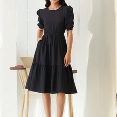 Istyle Can Black Solid Puff Sleeve Crepe Fit & Flare Midi Dress Istyle Can