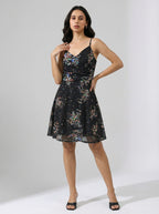 Black V Neck Printed Georgette Sleeveless Fit and Flare Dress