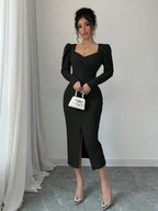 Istyle Can Black Square Neck Puff Sleeve Bodycon Dress Istyle Can