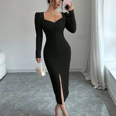 Istyle Can Black Square Neck Puff Sleeve Bodycon Dress Istyle Can