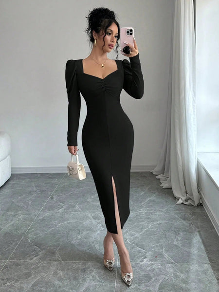 Istyle Can Black Square Neck Puff Sleeve Bodycon Dress Istyle Can
