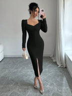 Istyle Can Black Square Neck Puff Sleeve Bodycon Dress Istyle Can