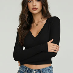 Brand Name Women's Ribbed Solid Top - V-Neck Long Sleeve