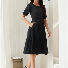 Istyle Can Black Solid Puff Sleeve Crepe Fit & Flare Midi Dress Istyle Can