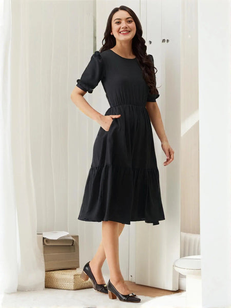 Istyle Can Black Solid Puff Sleeve Crepe Fit & Flare Midi Dress Istyle Can