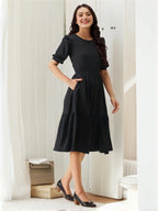 Istyle Can Black Solid Puff Sleeve Crepe Fit & Flare Midi Dress Istyle Can