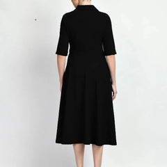 Istyle Can Black Serenity Button Up Front 3/4 Sleeves Fit and Flared Shirt Midi Dress My Store