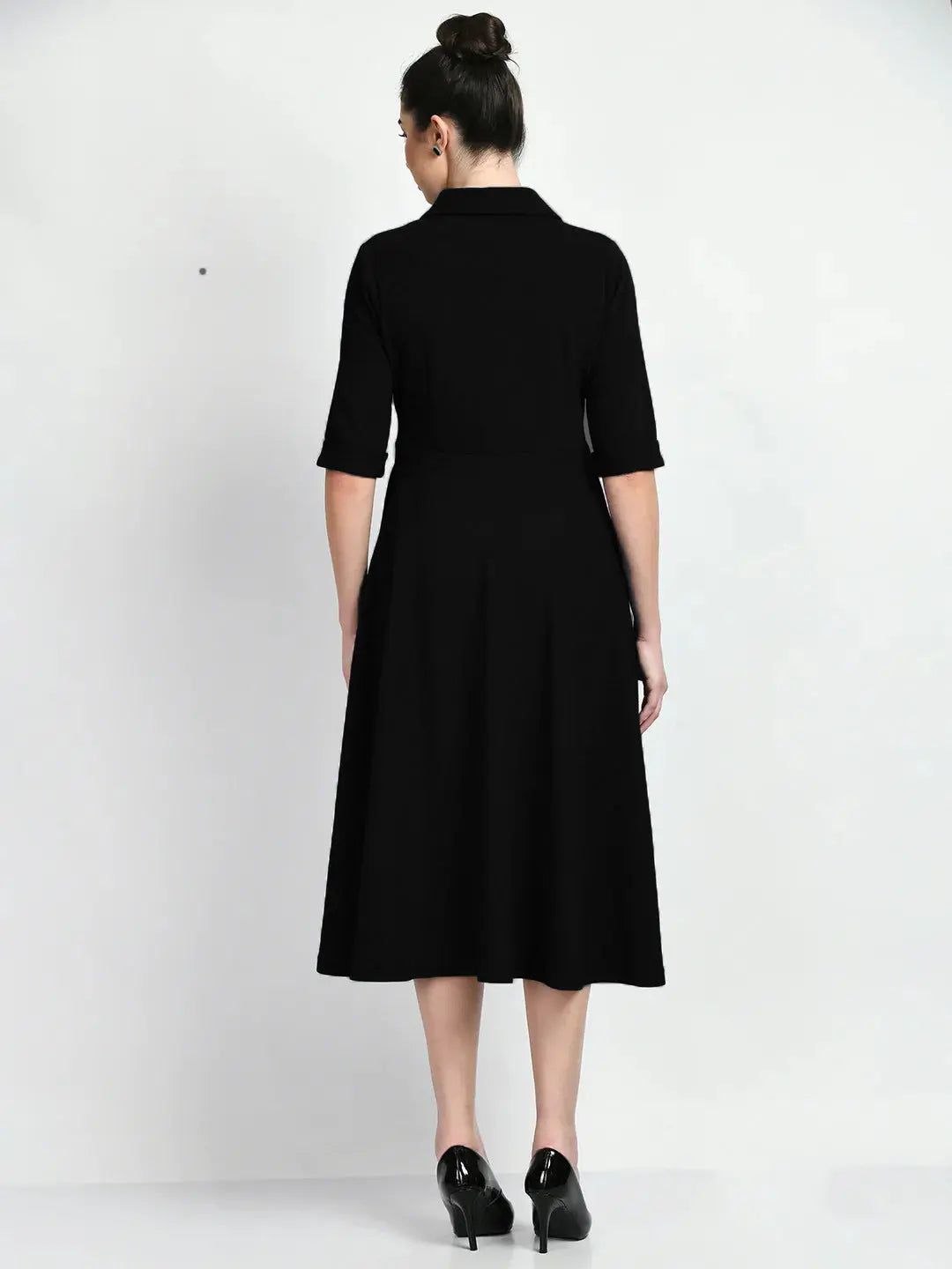 Istyle Can Black Serenity Button Up Front 3/4 Sleeves Fit and Flared Shirt Midi Dress Secondary image