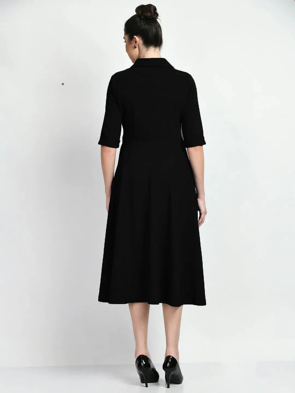 Istyle Can Black Serenity Button Up Front 3/4 Sleeves Fit and Flared Shirt Midi Dress My Store