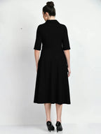 Istyle Can Black Serenity Button Up Front 3/4 Sleeves Fit and Flared Shirt Midi Dress My Store