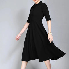 Istyle Can Black Serenity Button Up Front 3/4 Sleeves Fit and Flared Shirt Midi Dress My Store
