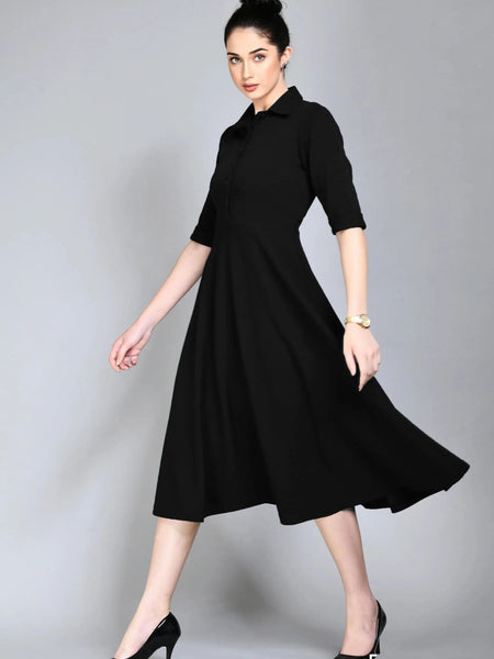 Istyle Can Black Serenity Button Up Front 3/4 Sleeves Fit and Flared Shirt Midi Dress My Store