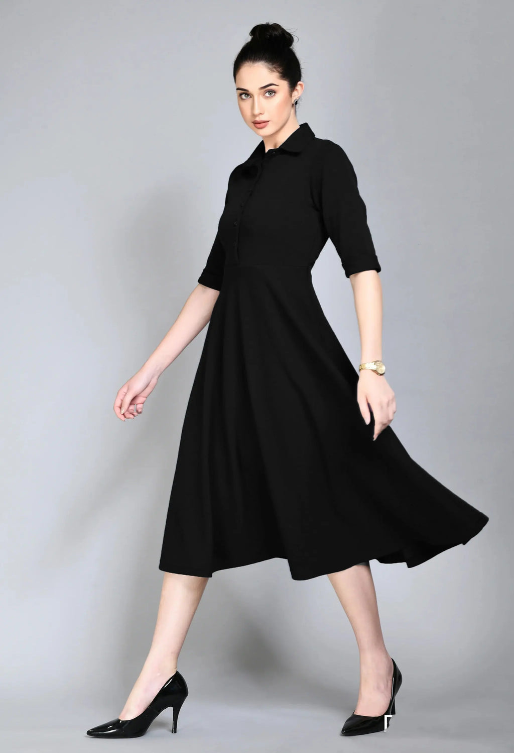 Istyle Can Black Serenity Button Up Front 3/4 Sleeves Fit and Flared Shirt Midi Dress My Store