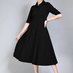 Istyle Can Black Serenity Button Up Front 3/4 Sleeves Fit and Flared Shirt Midi Dress My Store