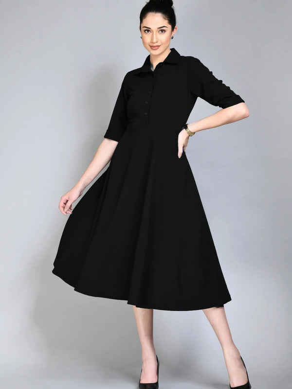 Istyle Can Black Serenity Button Up Front 3/4 Sleeves Fit and Flared Shirt Midi Dress My Store
