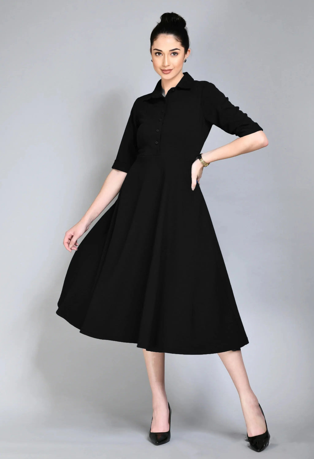 Istyle Can Black Serenity Button Up Front 3/4 Sleeves Fit and Flared Shirt Midi Dress My Store