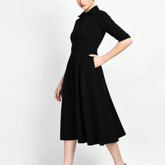 Istyle Can Black Serenity Button Up Front 3/4 Sleeves Fit and Flared Shirt Midi Dress My Store