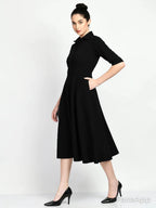 Istyle Can Black Serenity Button Up Front 3/4 Sleeves Fit and Flared Shirt Midi Dress My Store