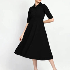 Istyle Can Black Serenity Button Up Front 3/4 Sleeves Fit and Flared Shirt Midi Dress My Store