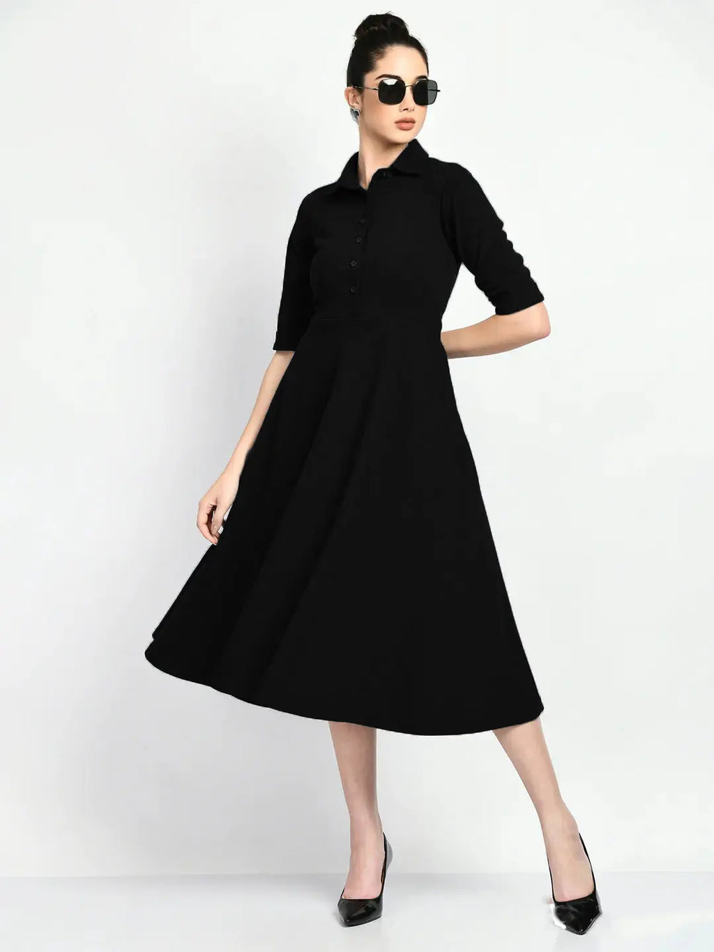 Istyle Can Black Serenity Button Up Front 3/4 Sleeves Fit and Flared Shirt Midi Dress My Store