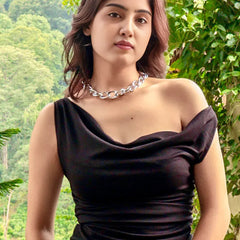 Istyle Can Black Women's Solid/Plain Asymmetric Hem Stretchable Draped Crop Top Istyle Can