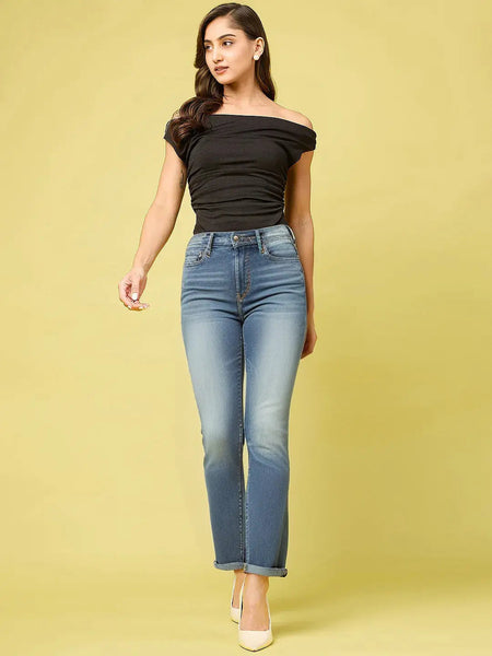 Istyle Can Black Women's Solid/Plain Asymmetric Hem Stretchable Draped Crop Top Istyle Can